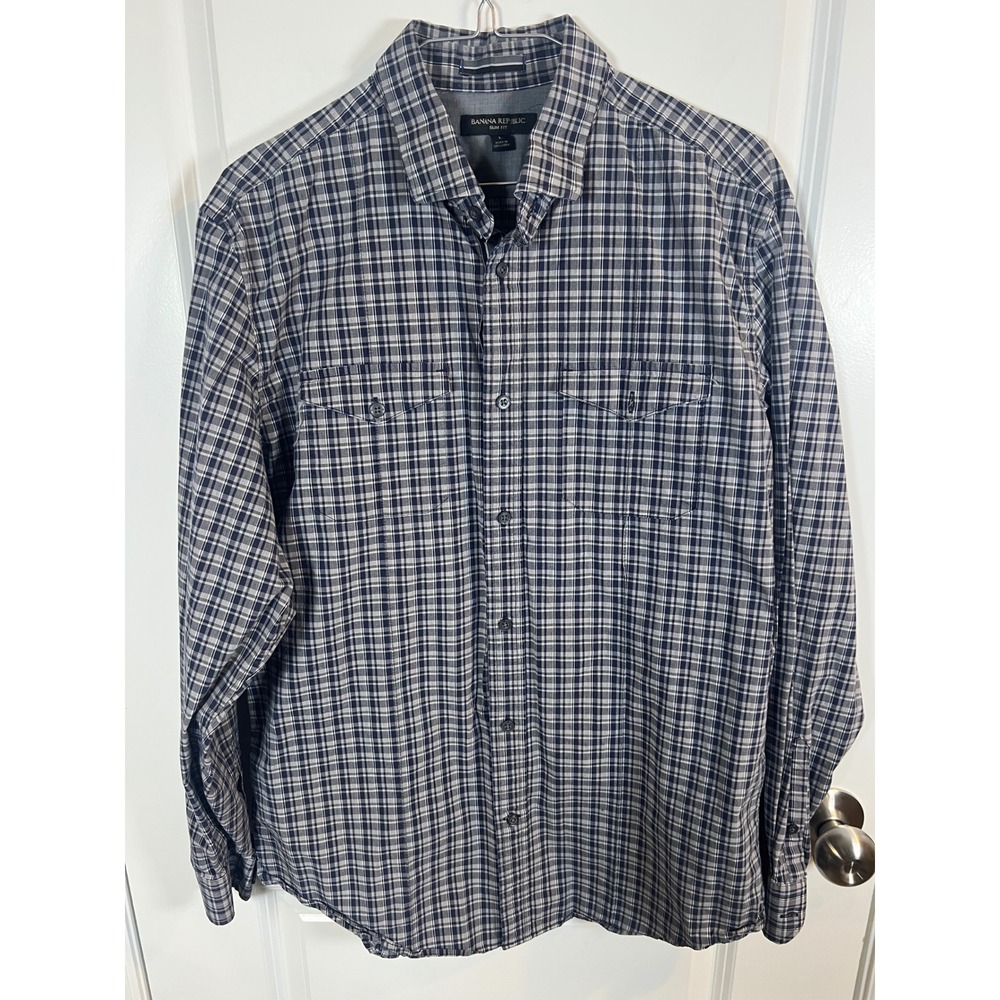 Banana Republic Mens Button Down Shirt Slim Fit Plaid Blue Large